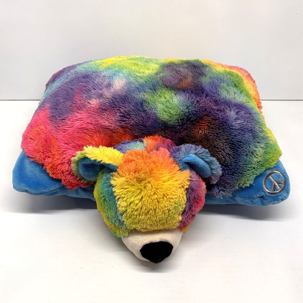 Pillow Pets PEACE Rainbow Tie Dye Bear 2011 Stuffed Animal Jumbo Plush